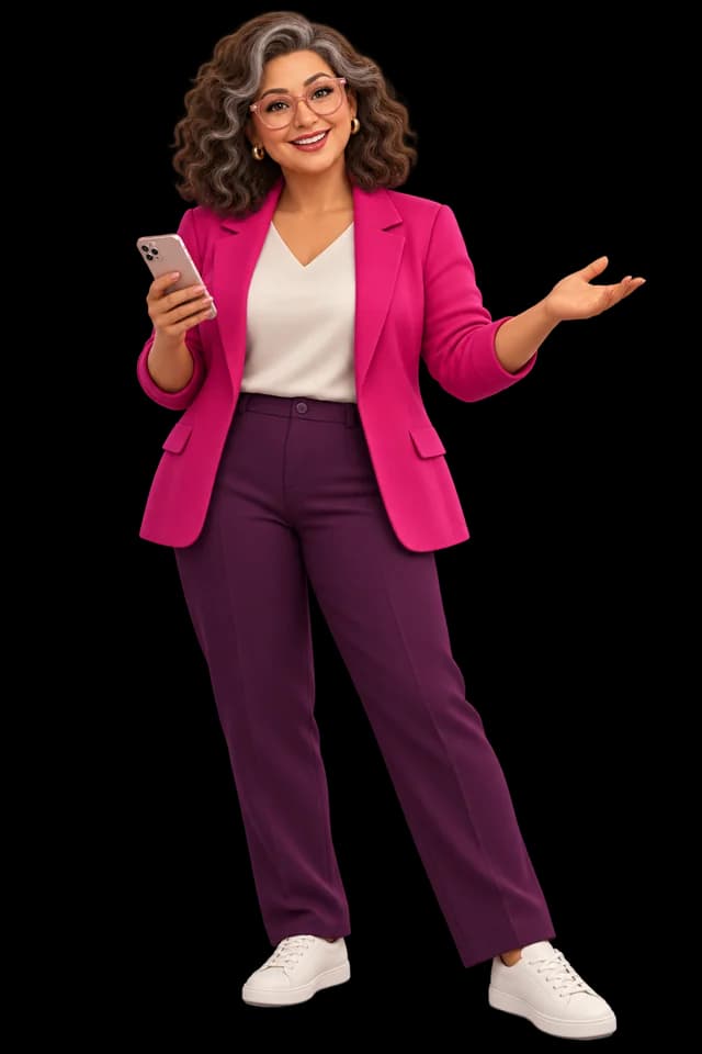 Dona Maria, personagem da campanha, com o celular na mão